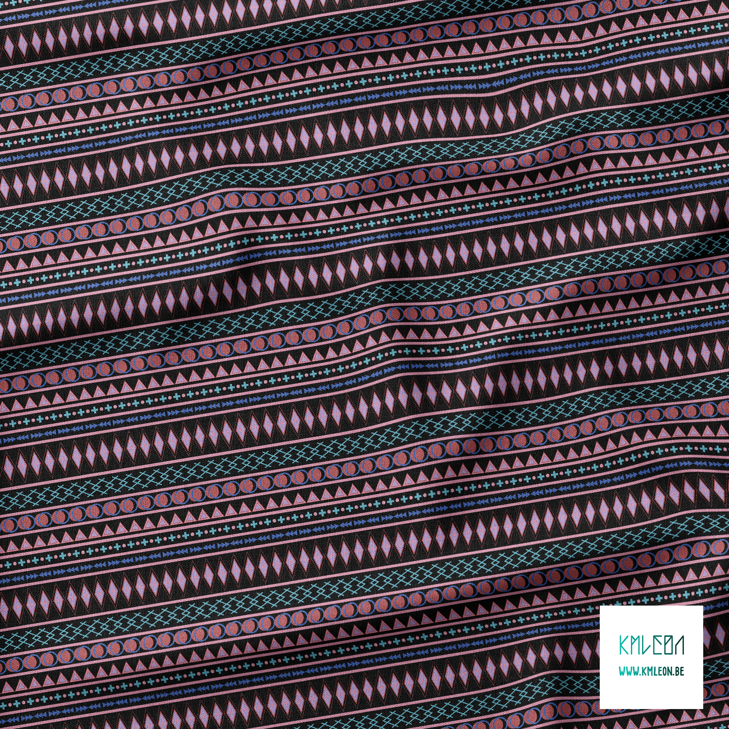 Geometric shapes in teal, red, blue, purple and pink fabric