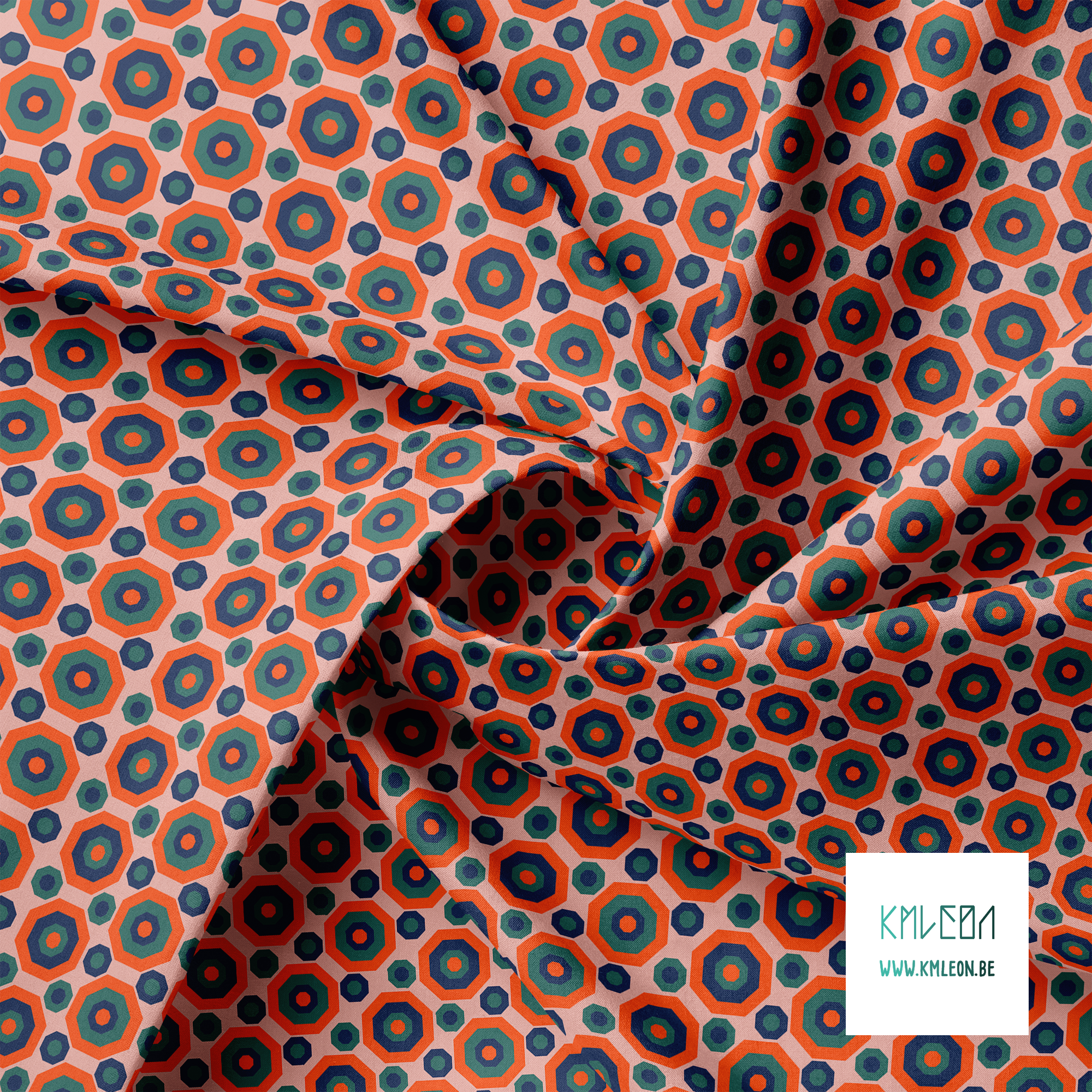 Retro achthoeken in oranje, groen en donkerblauw stof