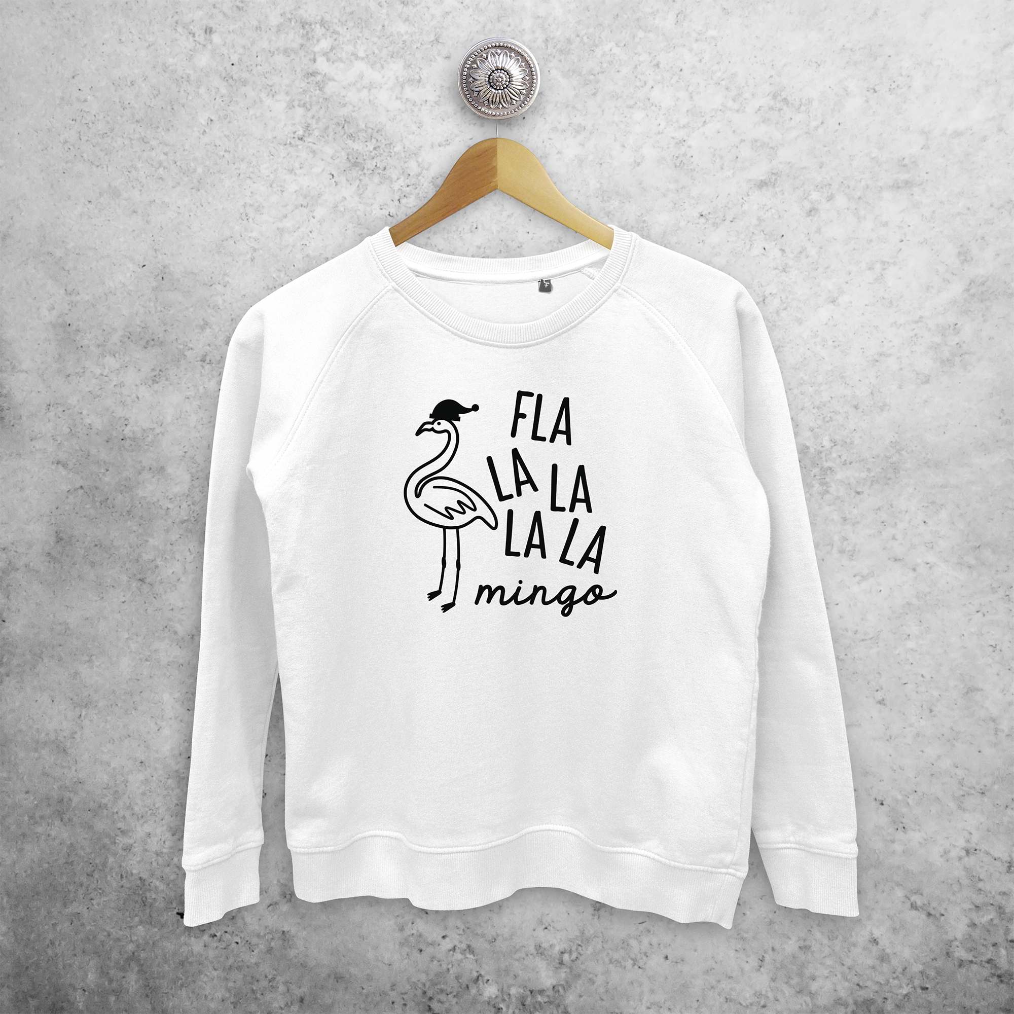 Adult sweater, with ‘Fla la la la la mingo’ print by KMLeon.