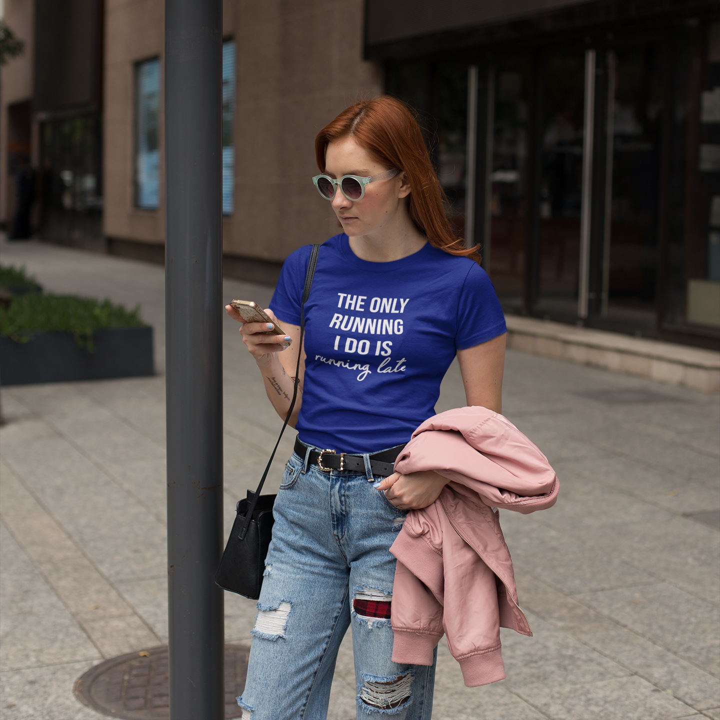 'The only running I do is running late' adult shirt