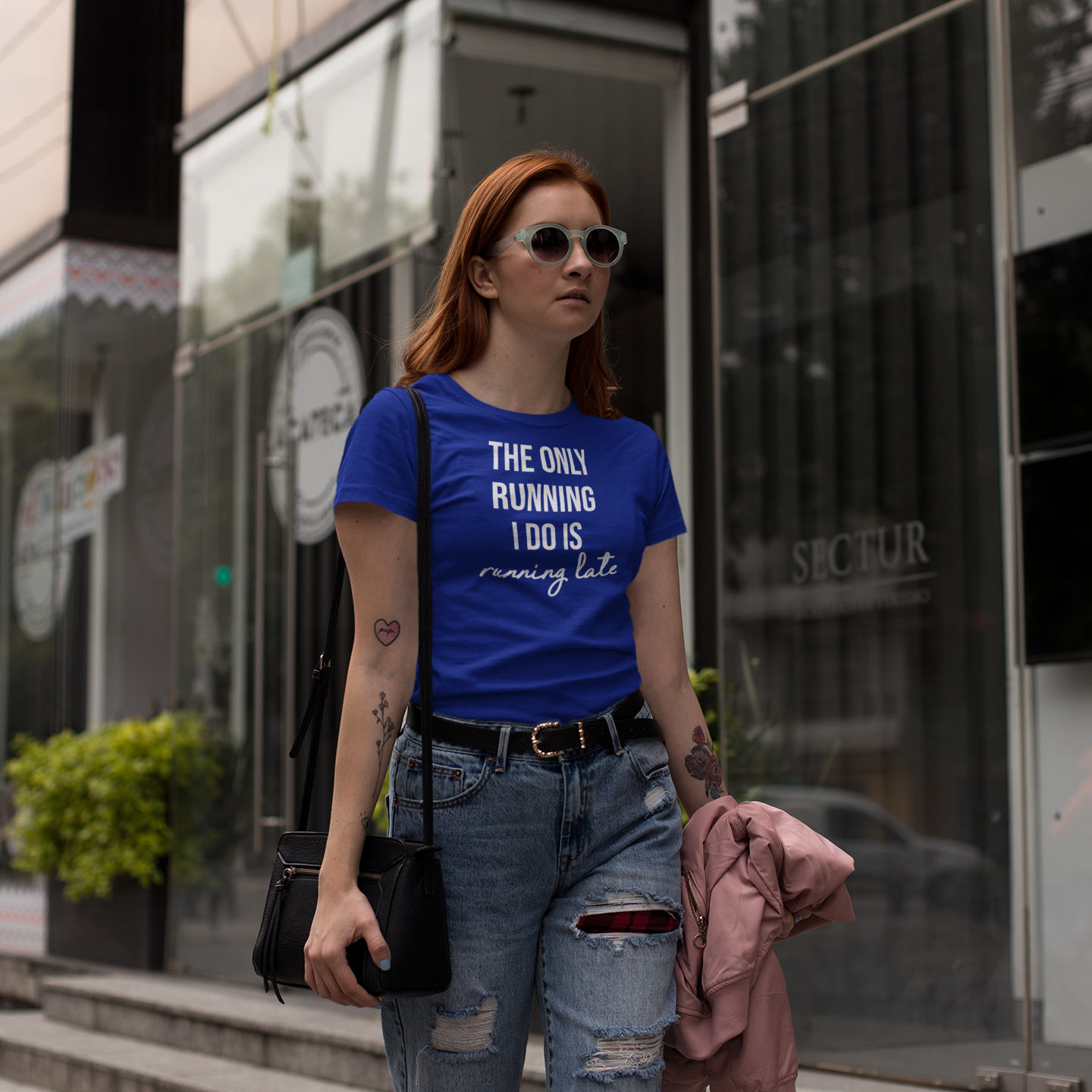 'The only running I do is running late' adult shirt