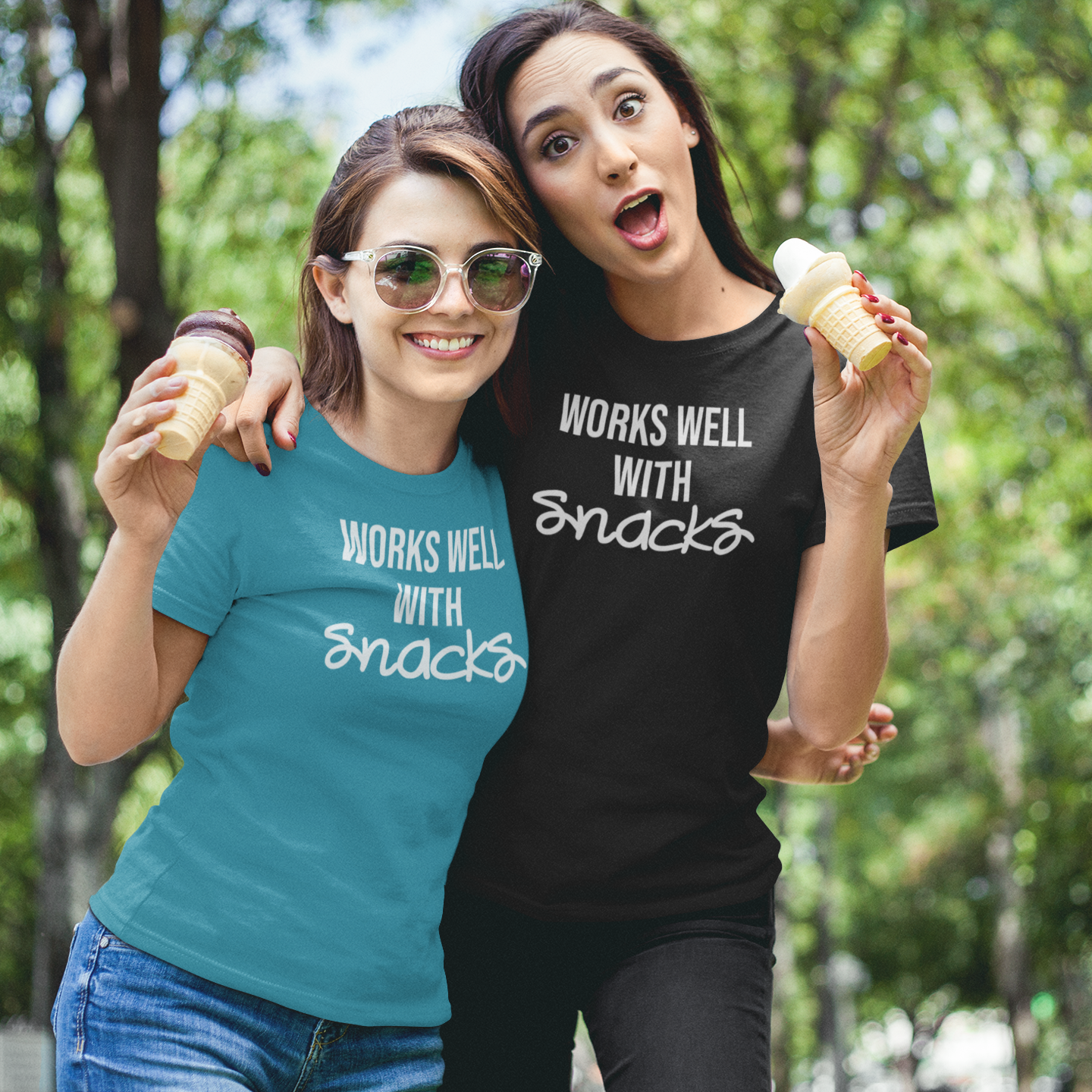 'Works well with snacks' adult shirt