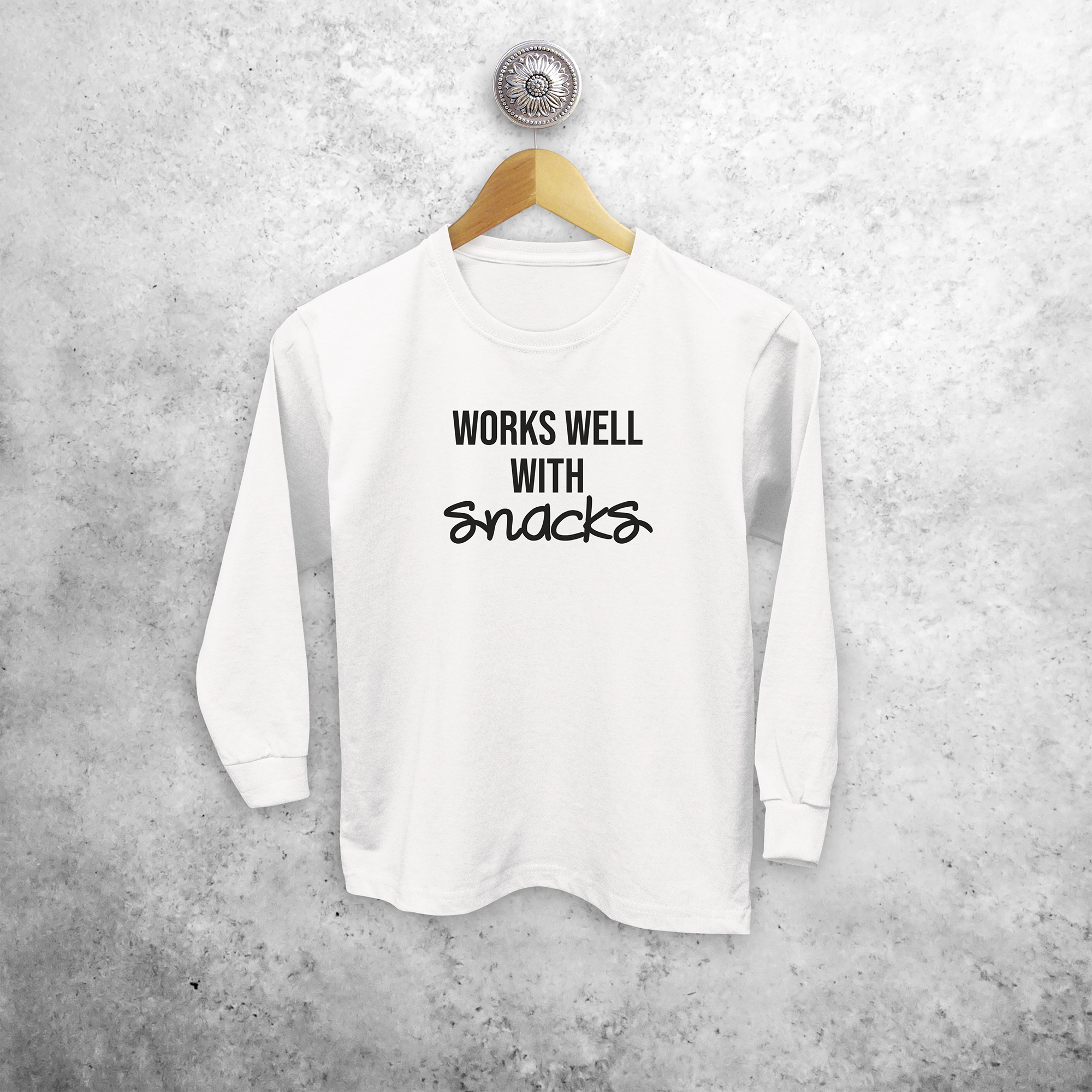 'Works well with snacks' kids longsleeve shirt