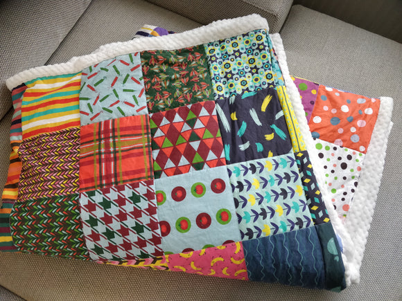 Cheater quilt with spoonflower fabric and fleece backing.
