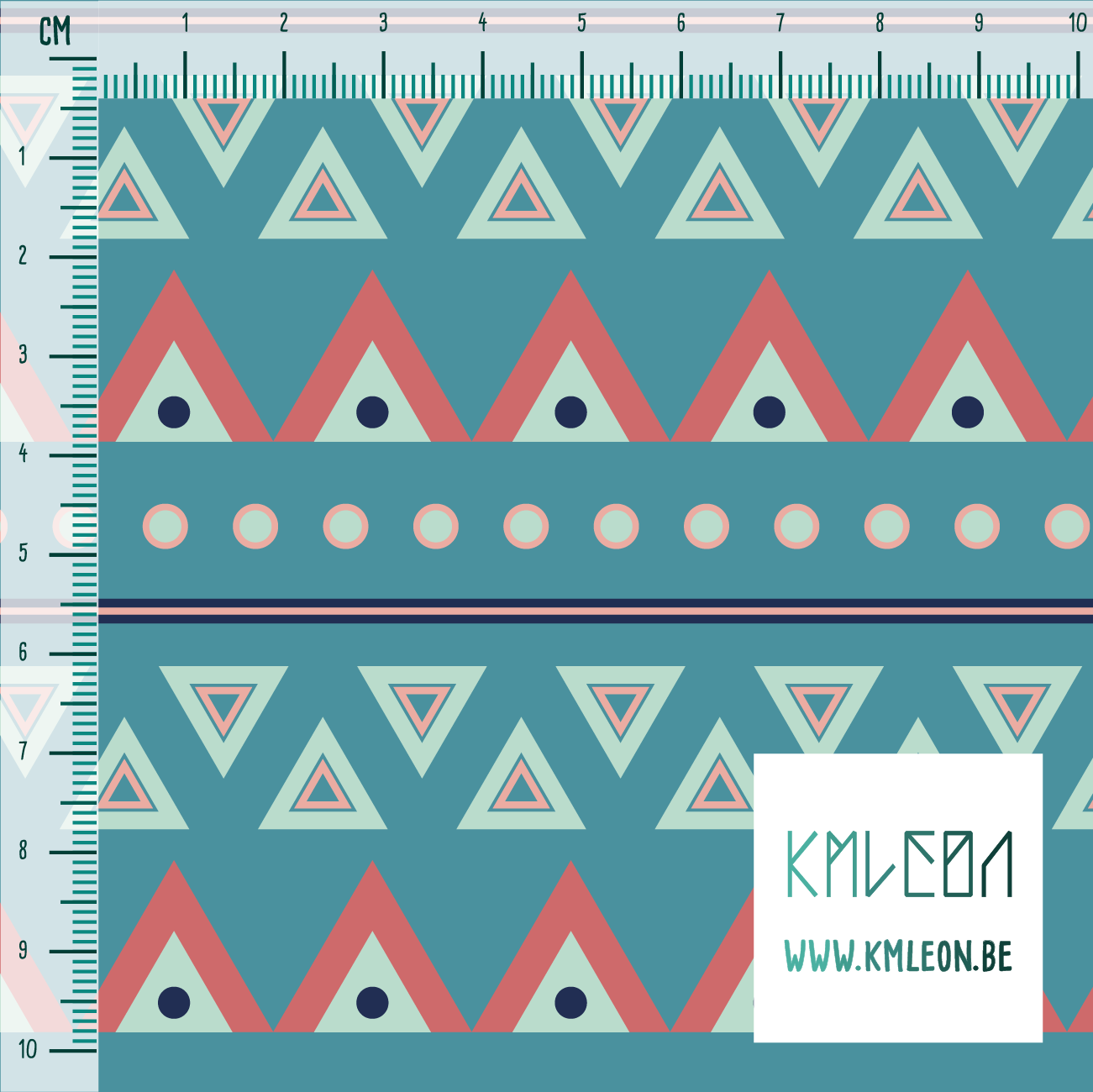 Pink, navy and mint green circles and triangles fabric