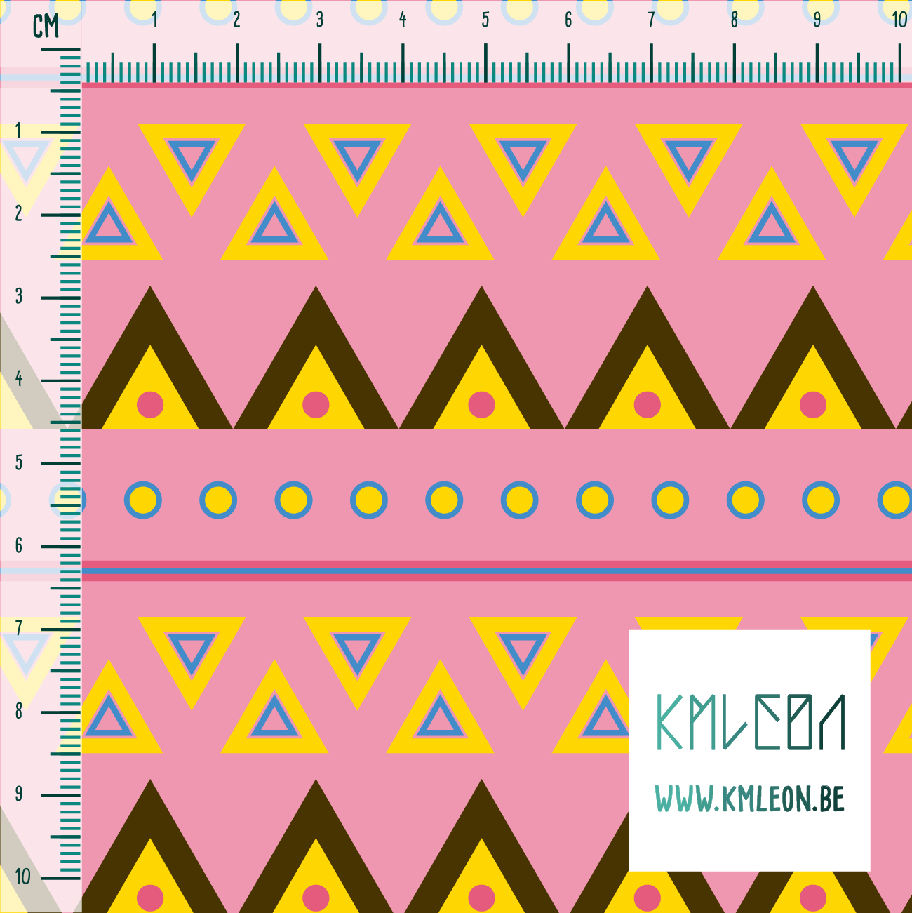 Blue, pink, yellow and brown circles and triangles fabric