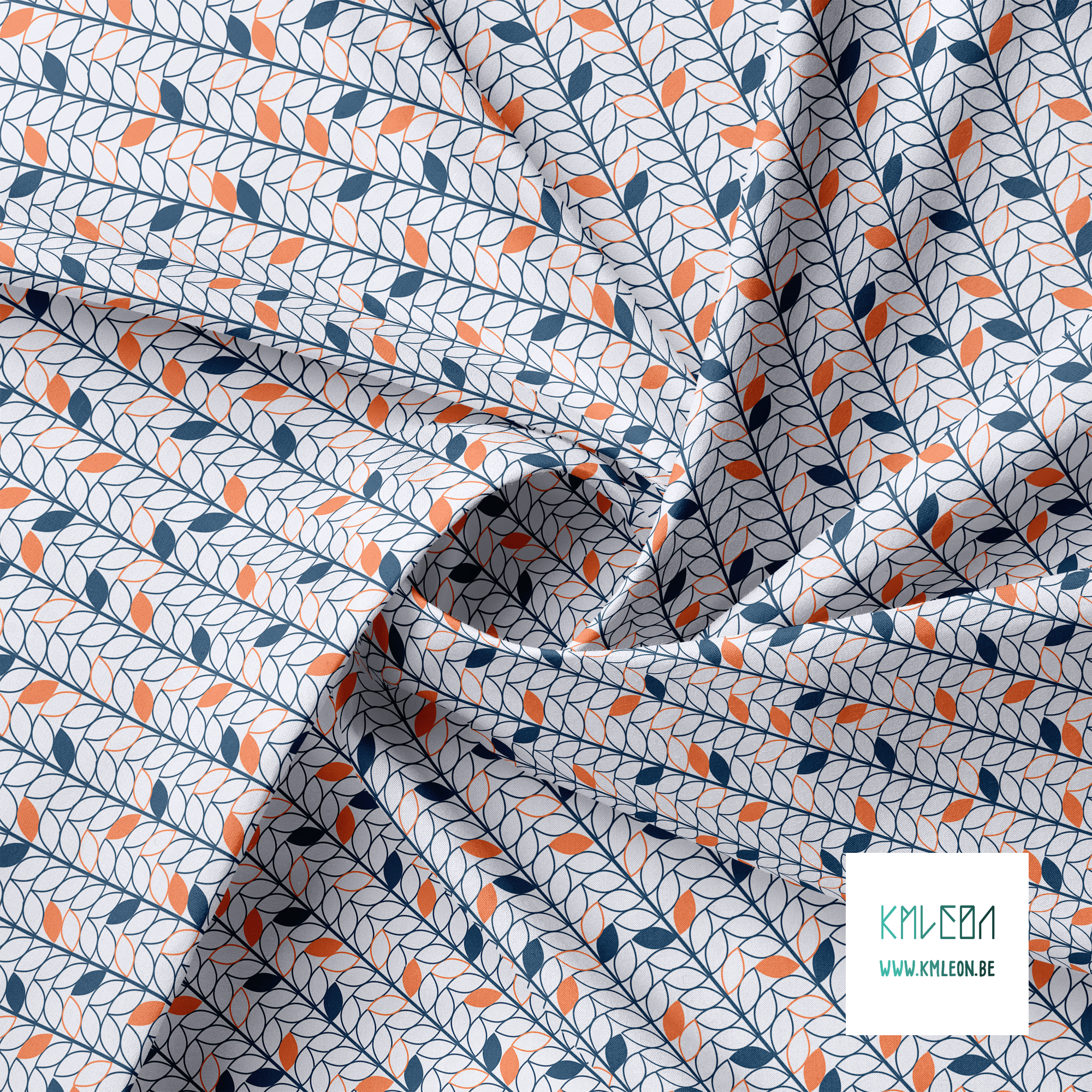 Navy and orange leaves fabric