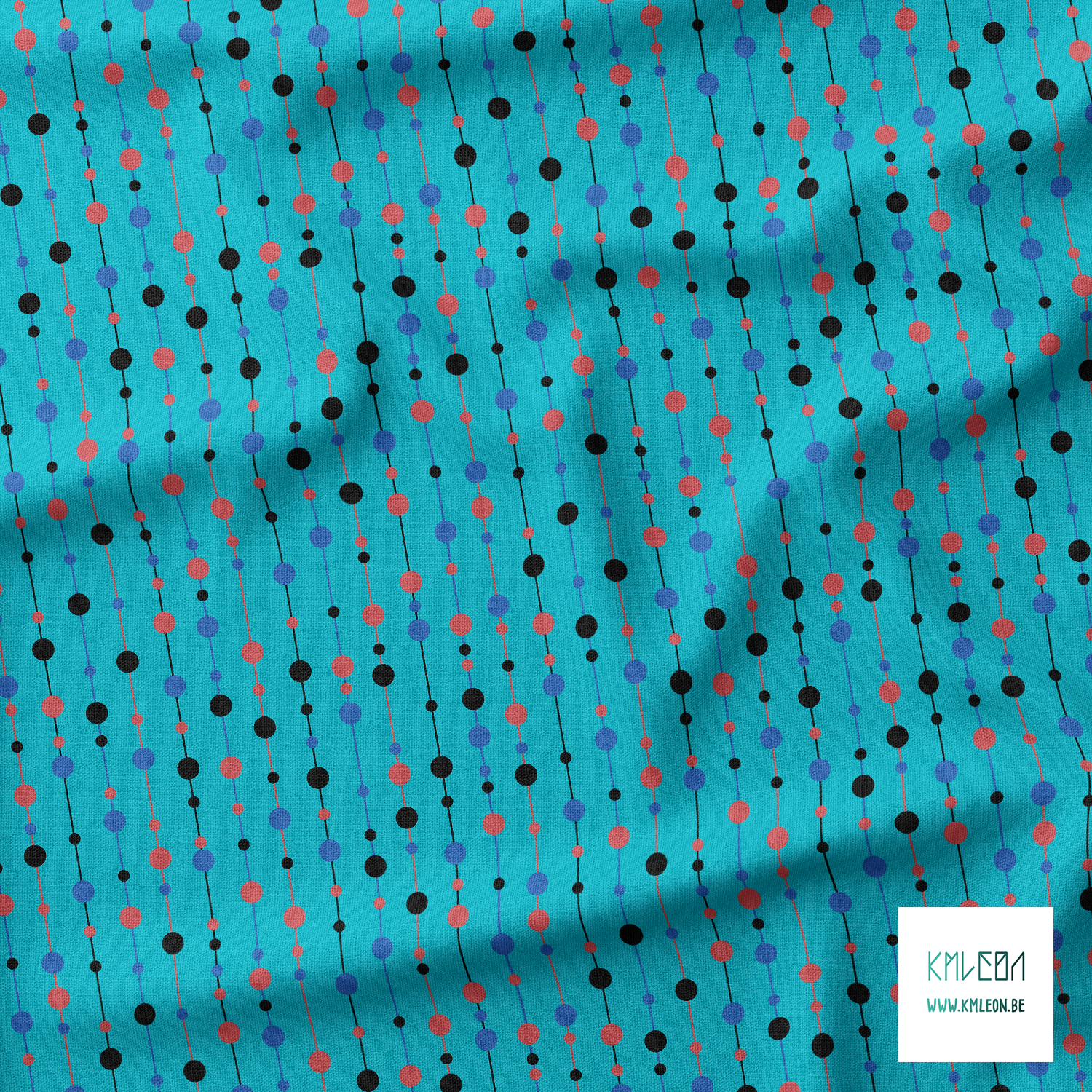 Blue, red and black pearls on strings fabric