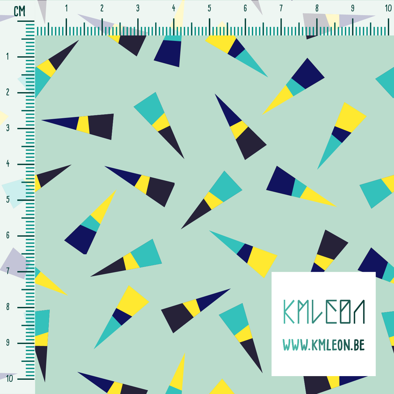 Blue, navy, teal and yellow triangles fabric