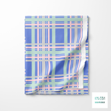 Mint green, pink, grey and periwinkle tartan fabric