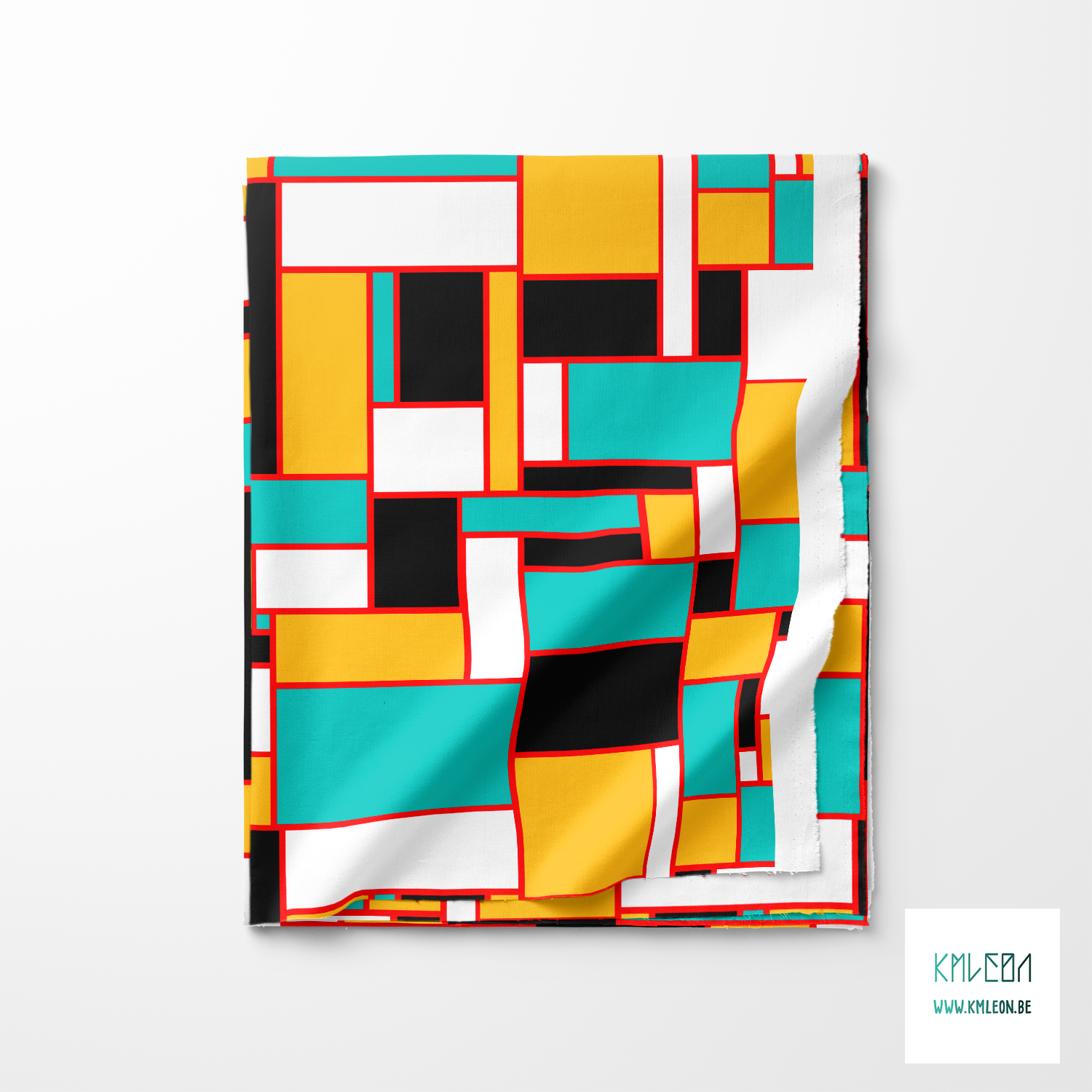 Yellow, teal, black and white rectangles fabric