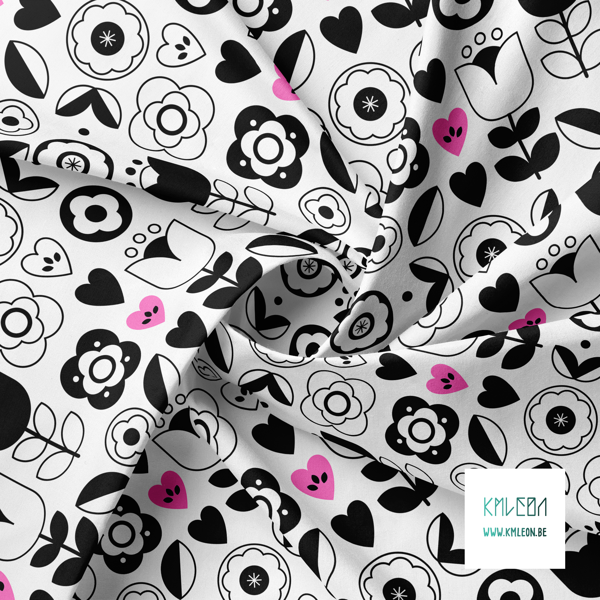 Black flowers and hearts fabric