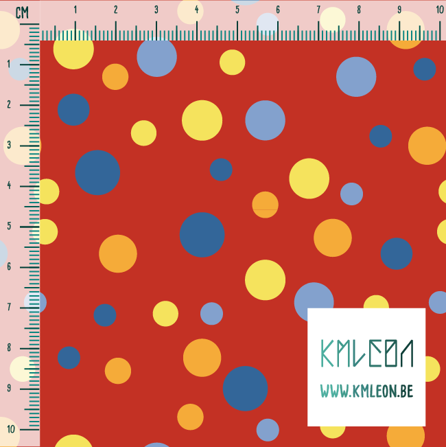 Random yellow, blue and orange polka dots fabric