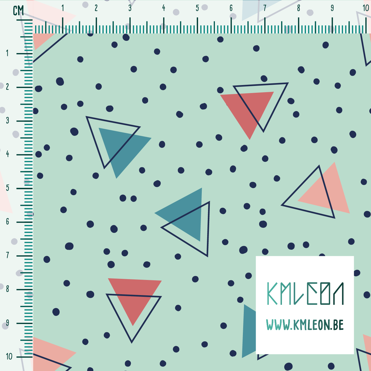 Pink, teal and navy triangles and navy dots fabric