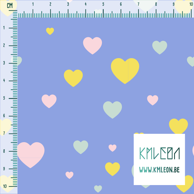 Pink, yellow and mint green hearts fabric