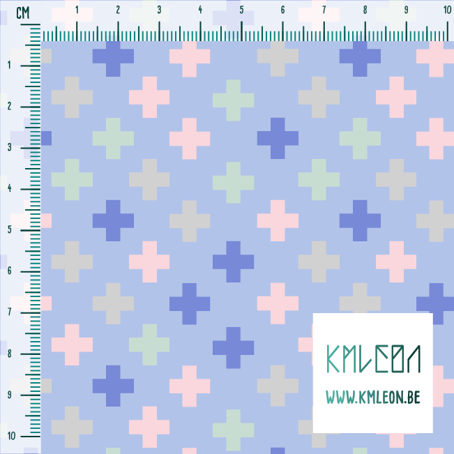 Mint green, pink, grey and periwinkle crosses fabric
