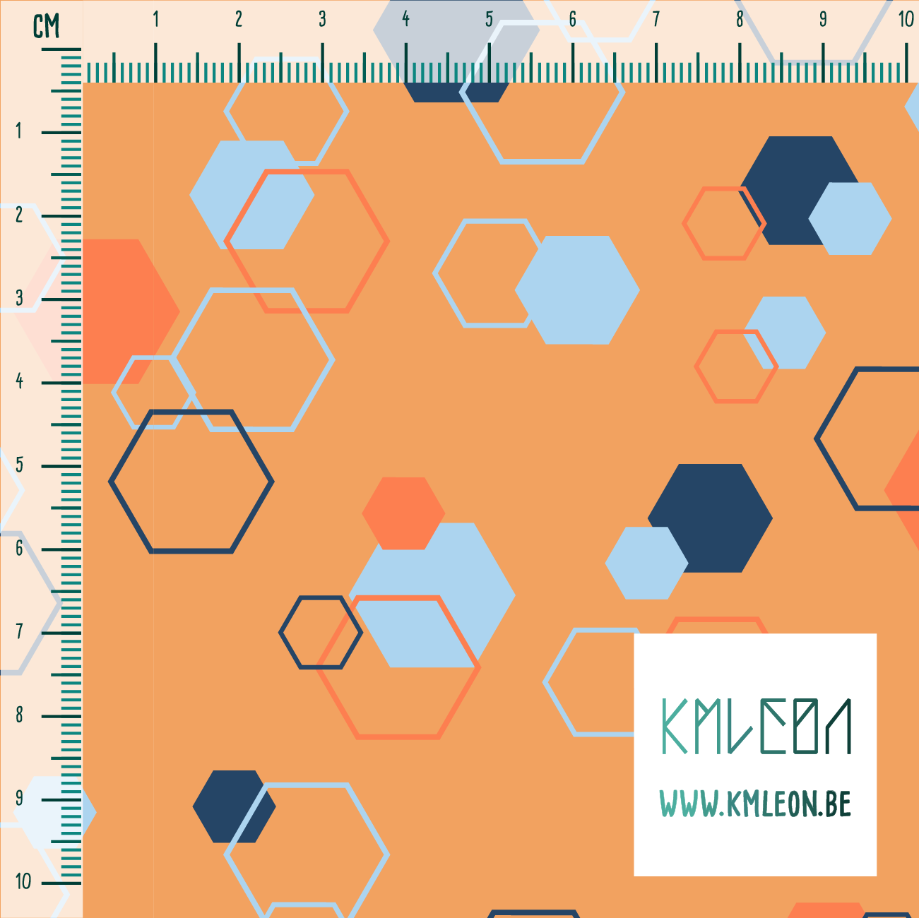 Random blue, navy and orange octagons fabric