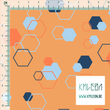 Random blue, navy and orange octagons fabric