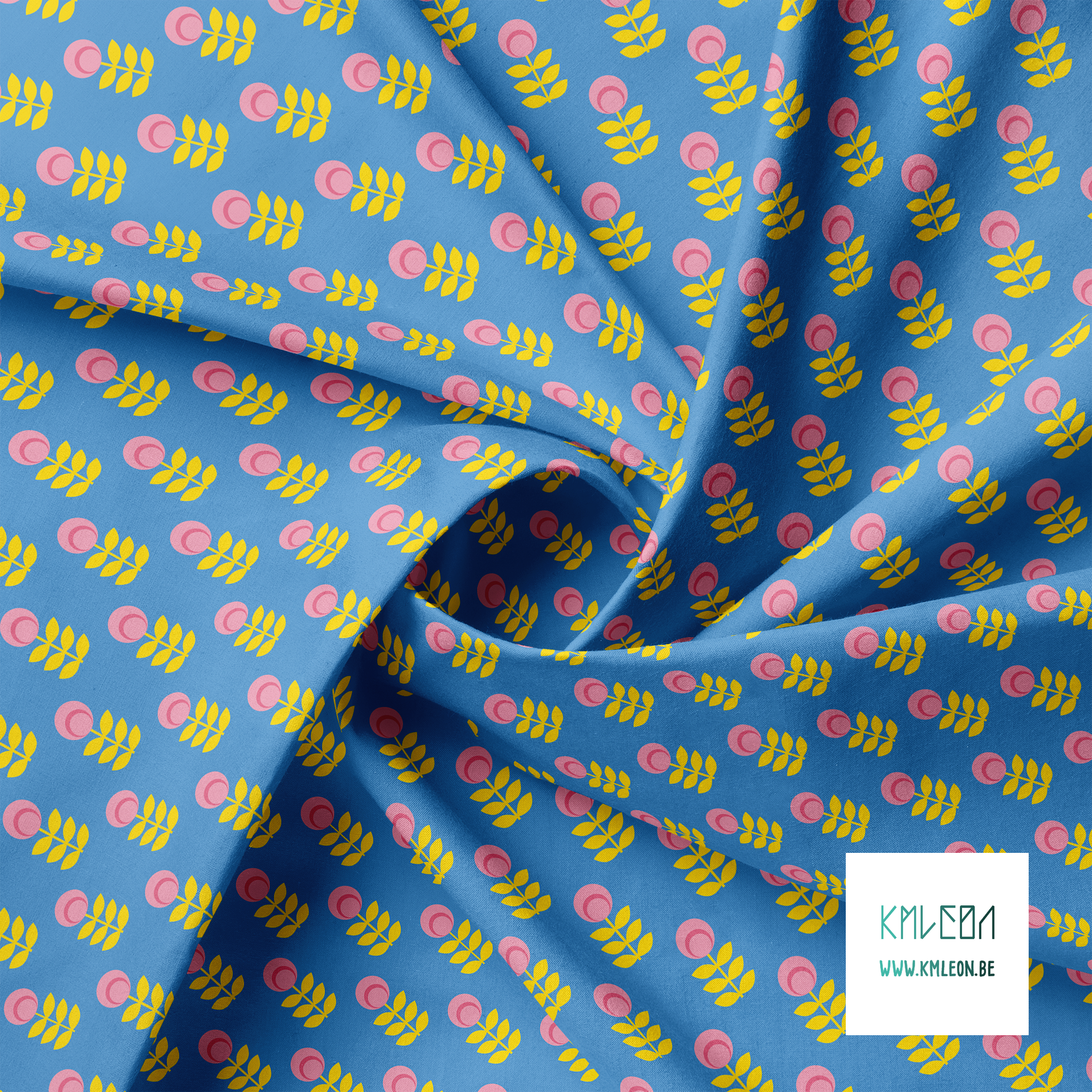 Pink and yellow scandi flowers fabric