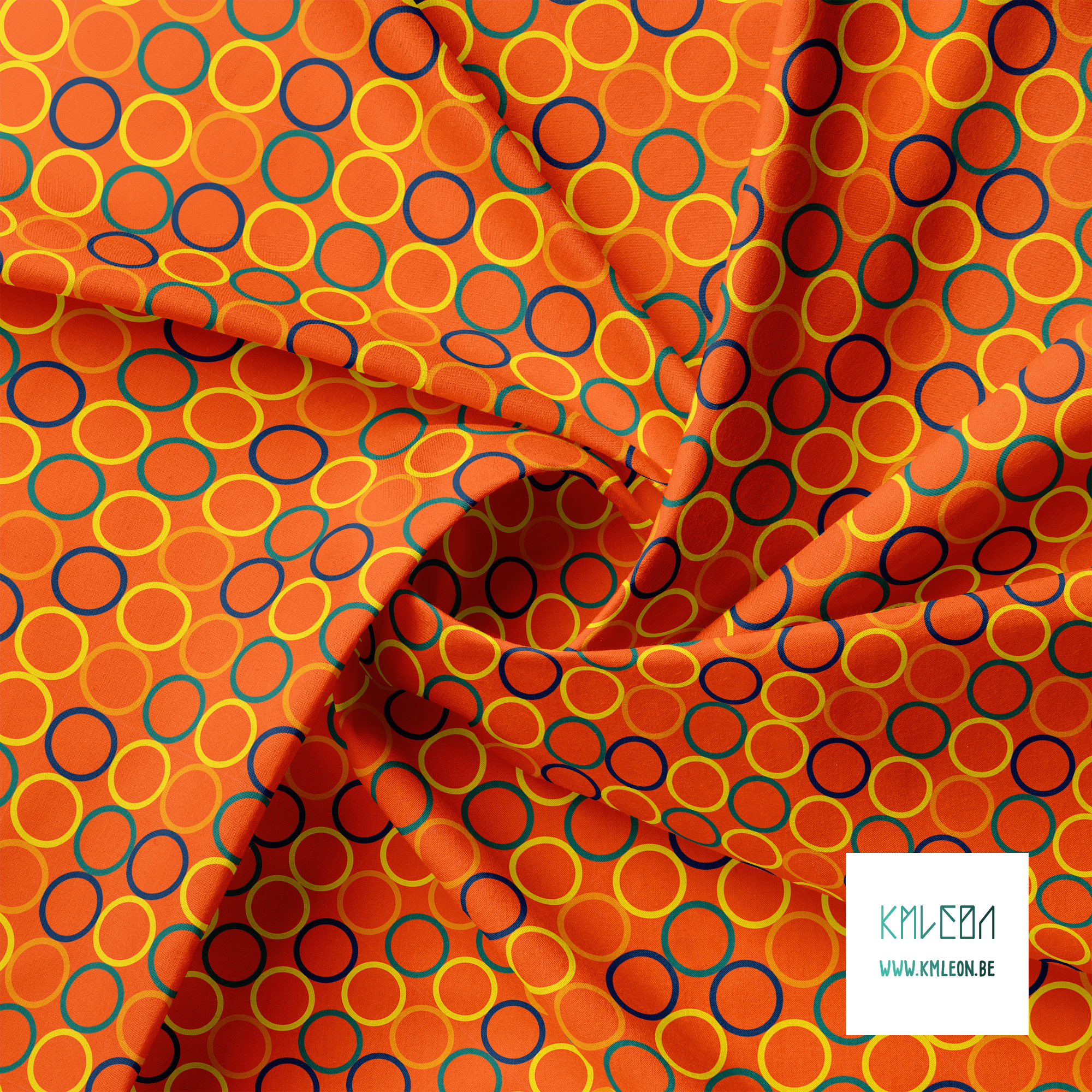 Random yellow, orange, green and navy circles fabric