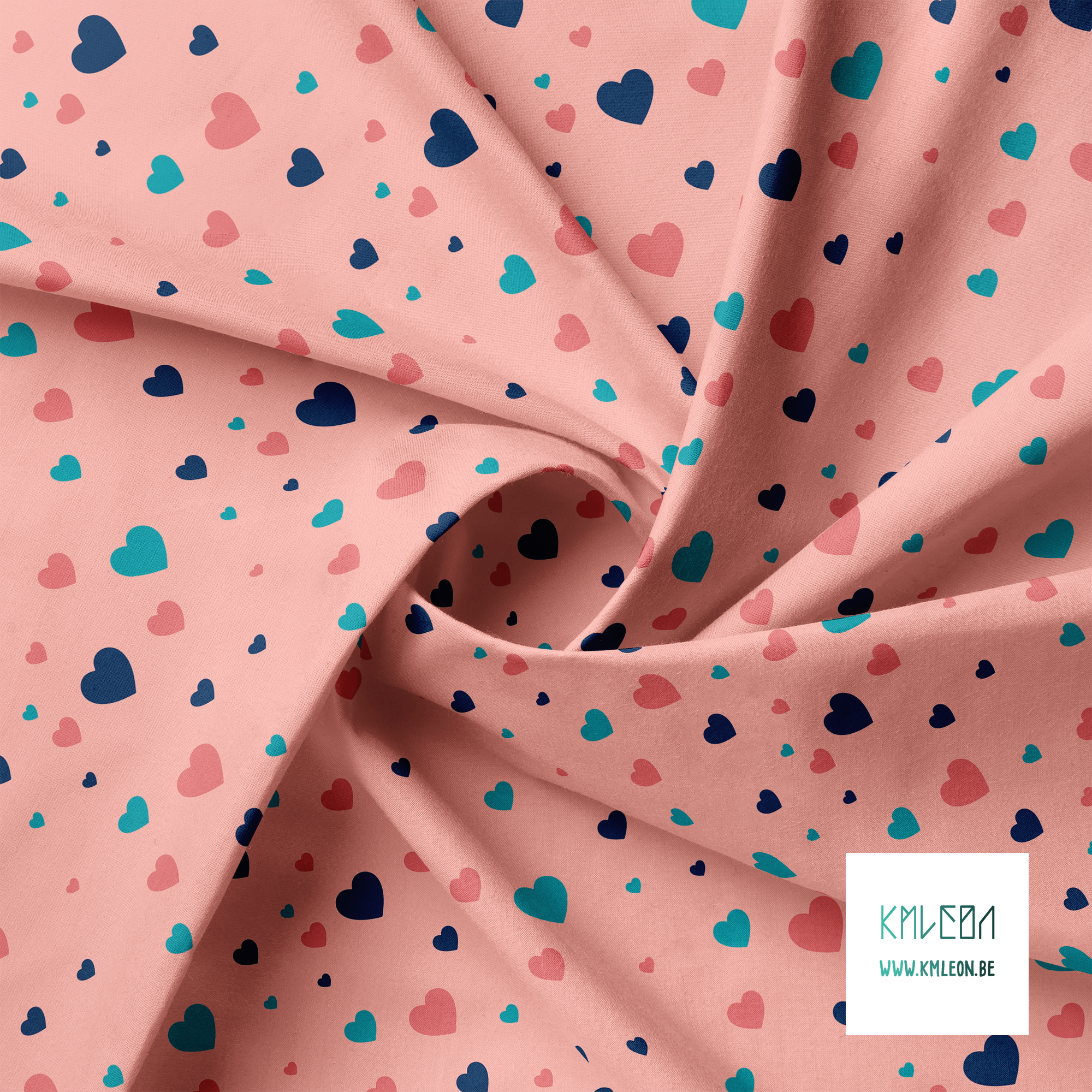 Pink, teal and navy hearts fabric