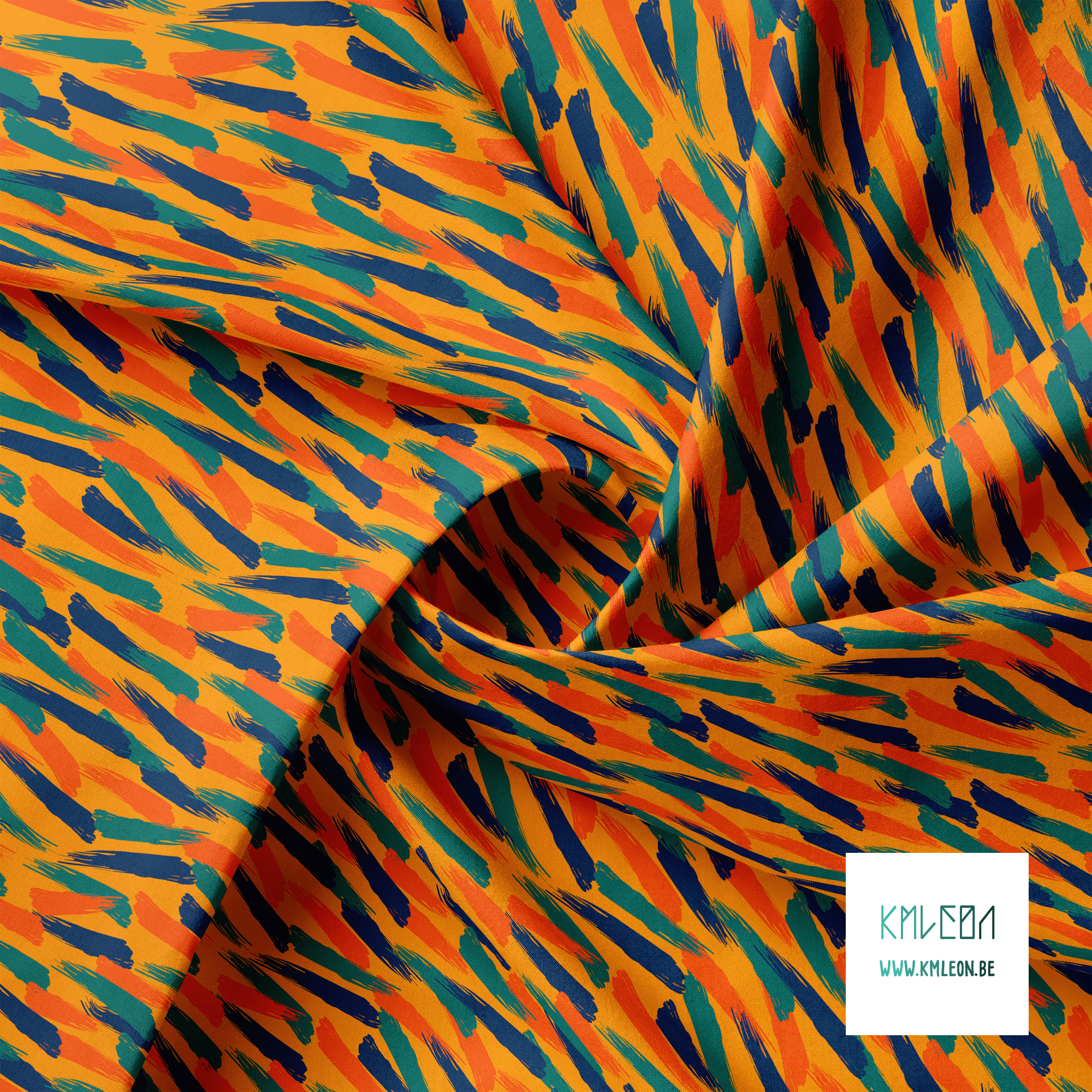 Orange, navy and green brush strokes fabric