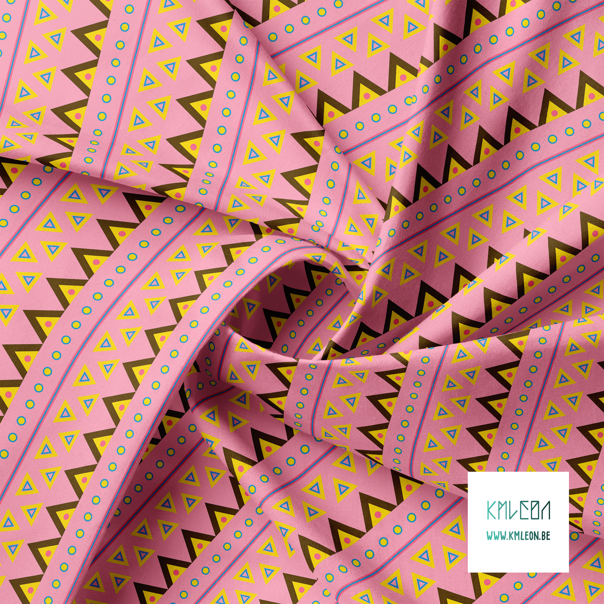 Blue, pink, yellow and brown circles and triangles fabric