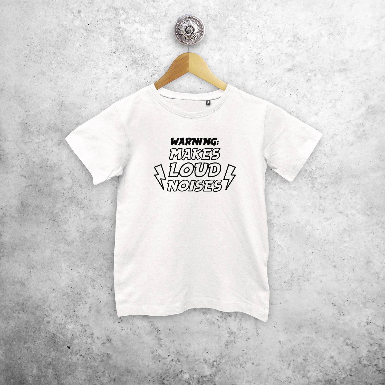 'Warning: makes loud noises' kids shortsleeve shirt