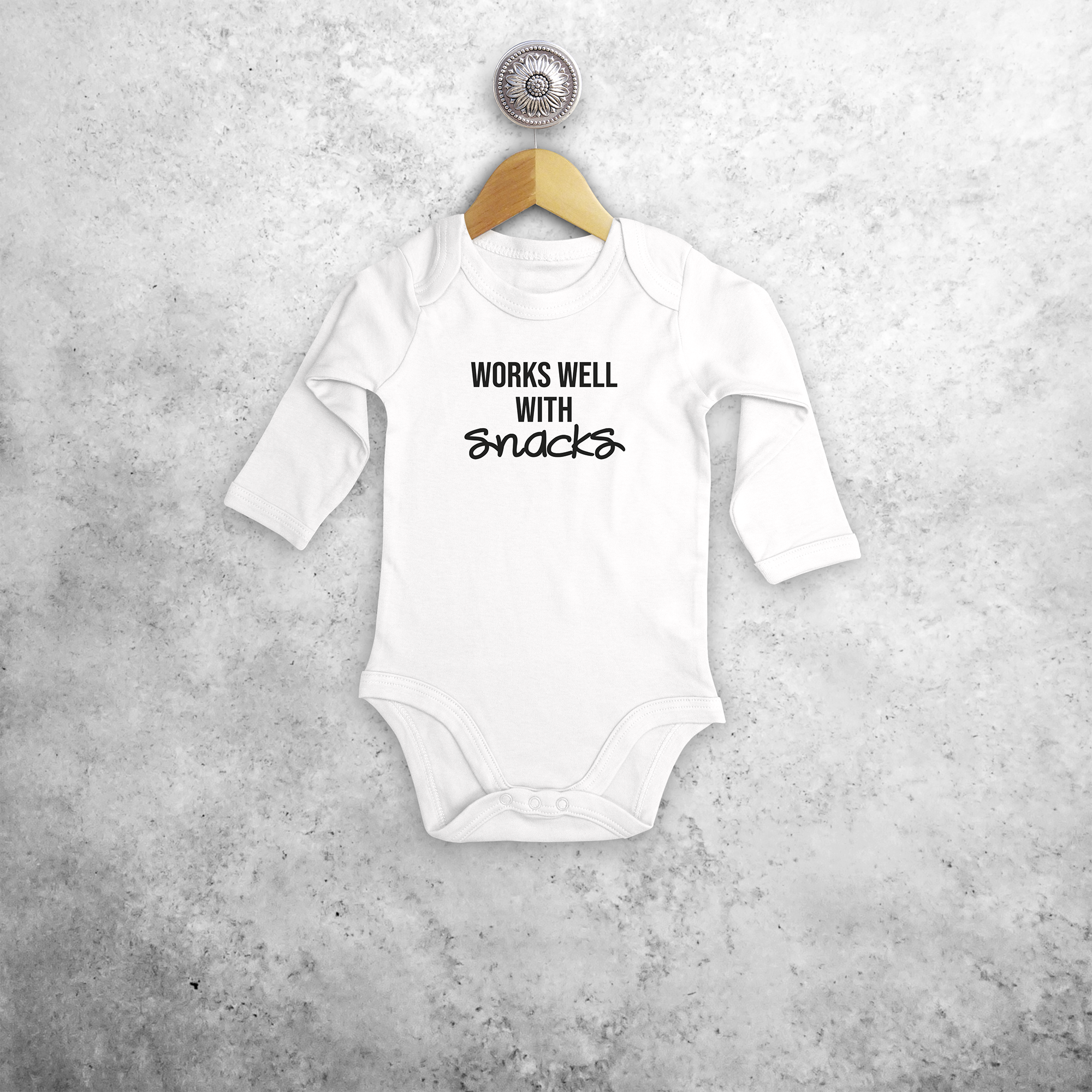'Works well with snacks' baby longsleeve bodysuit